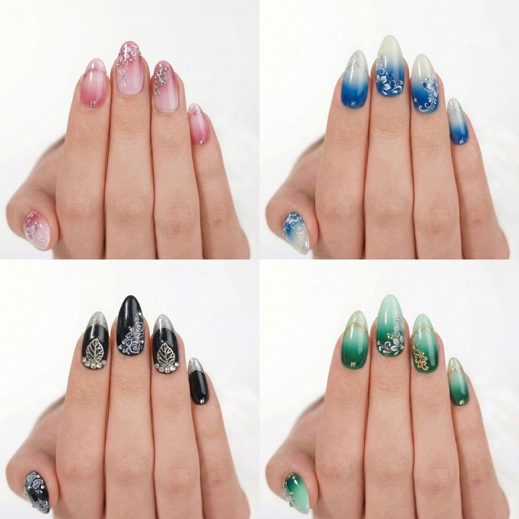Batch generated press-on nail product photos - 4 designs with consistent hand pose