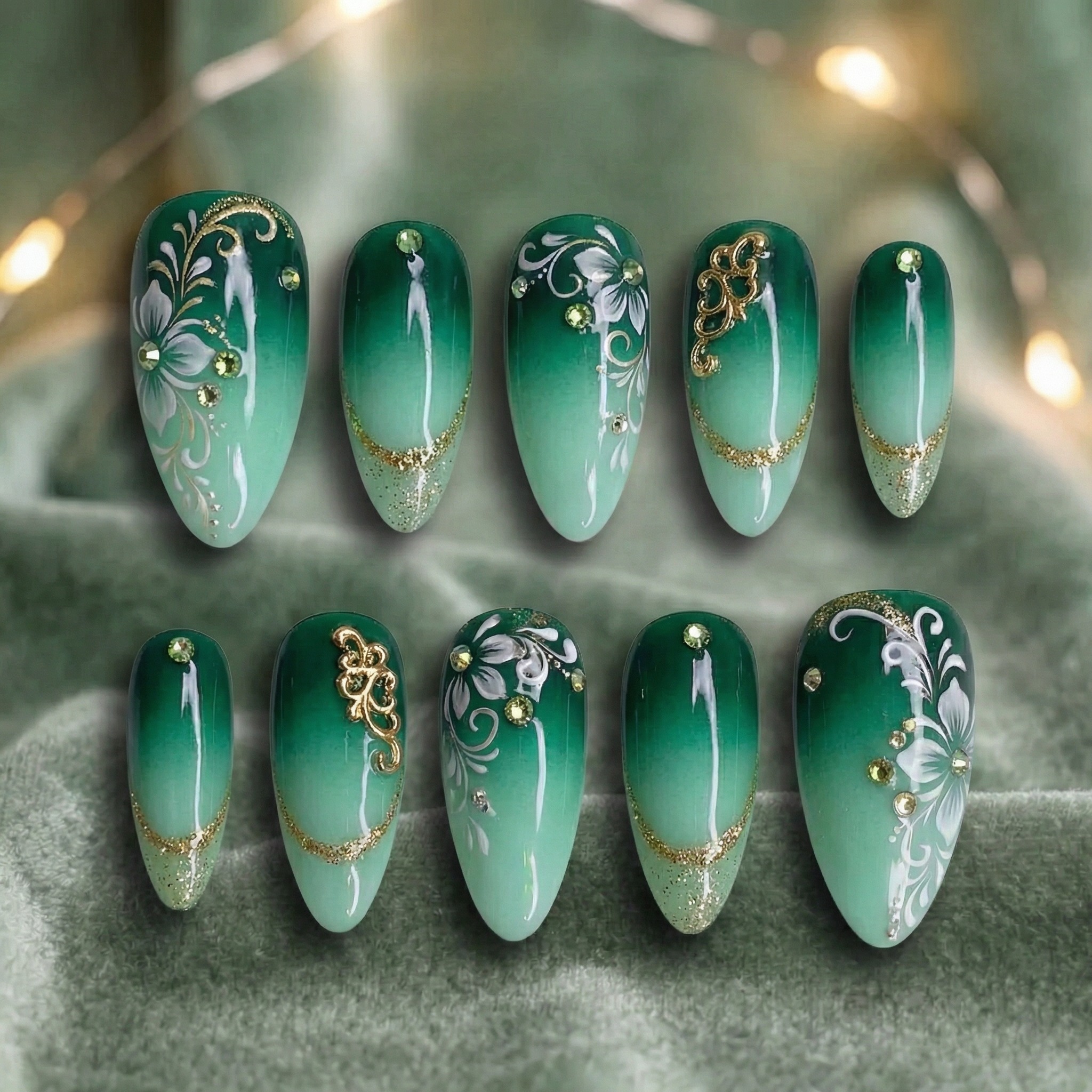 Green ombre press-on nail flat lay upload