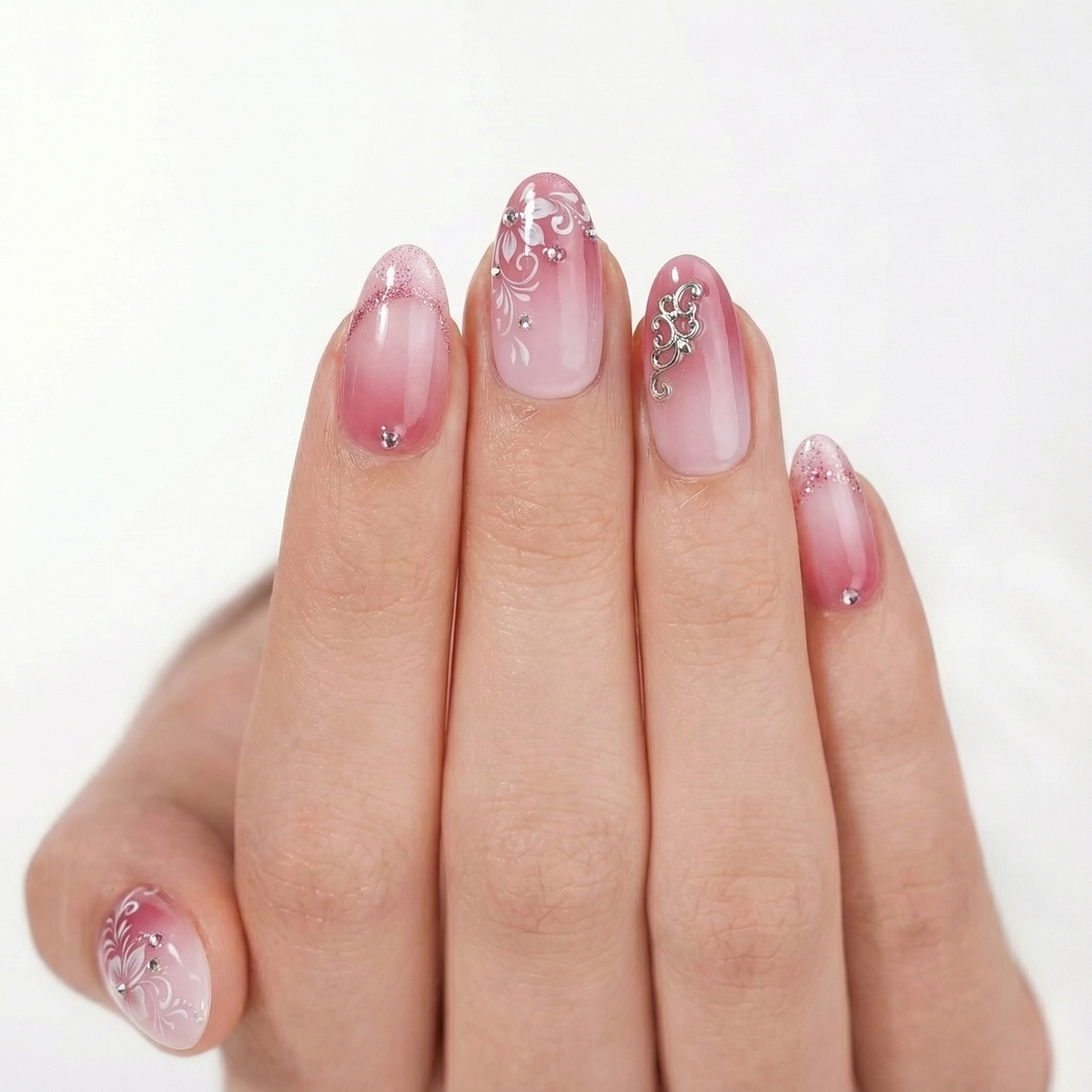 Pink press-on nail product photo on hand model - AI generated with consistent pose