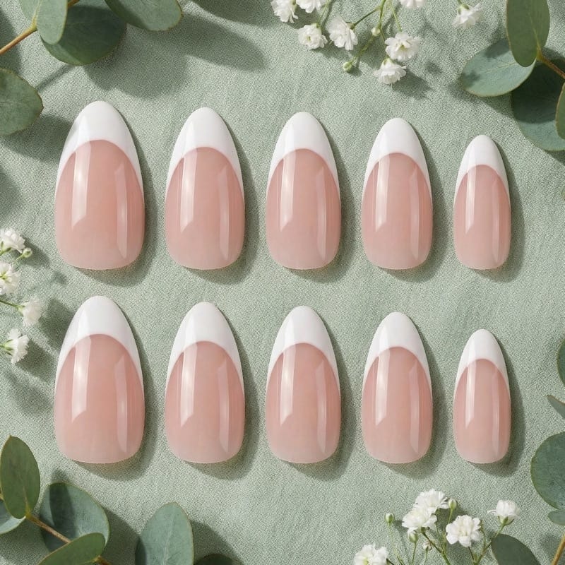 After: same press-on nails styled on sage green linen with eucalyptus and baby's breath