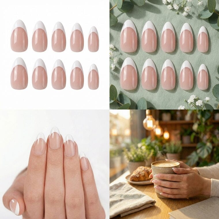 The 4 essential press-on nail listing photo types in a 2x2 grid: hero shot (top-left), styled flat lay (top-right), try-on on hand (bottom-left), and lifestyle coffee scene (bottom-right)
