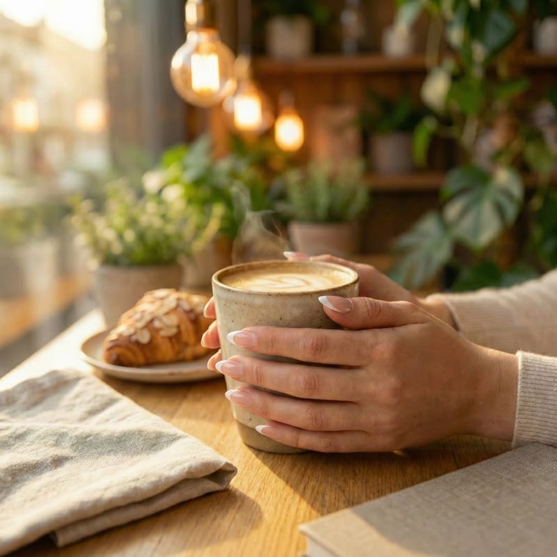 Lifestyle photo: hand with French tip press-on nails holding a coffee cup in a cozy setting