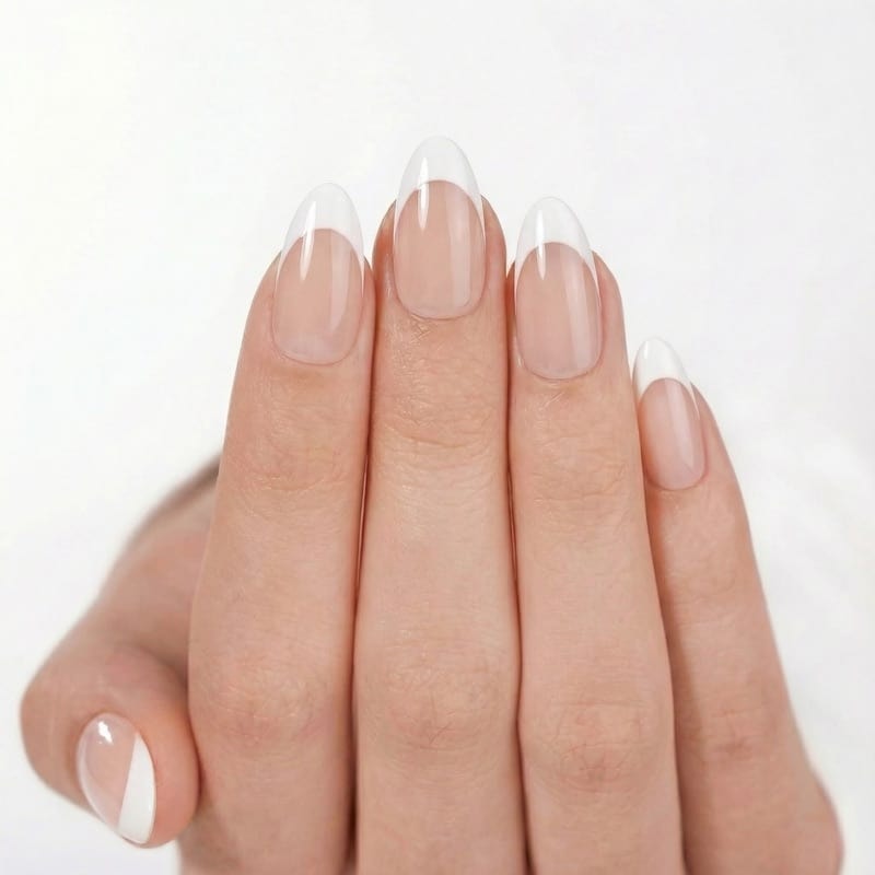 French tip press-on nails shown on a hand model - try-on photo example